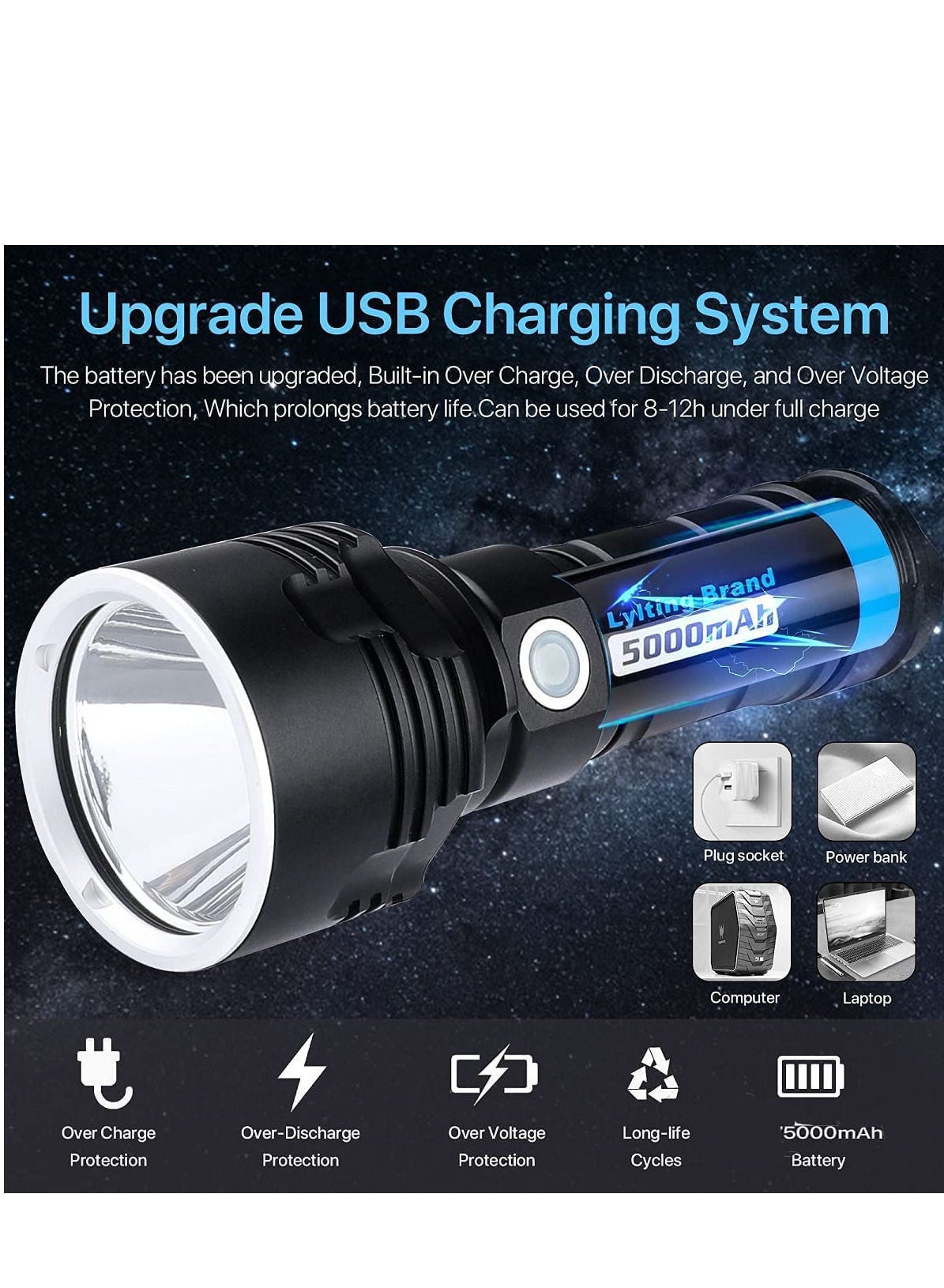 3000-10000 Lumen High Power LED Waterproof Flashlight Lamp Ultra Bright 3 Mode Most Powerful 50W XLM-P70 LED USB Rechargeable Flashlight Torch 2 Lithium Battery 3000-10000 Lumen High Power LED Waterproof Flashlight Lamp Ultra Bright 3 Mode Most Powerful 50W XLM-P70 LED USB Rechargeable Flashlight Torch 2 Lithium Battery